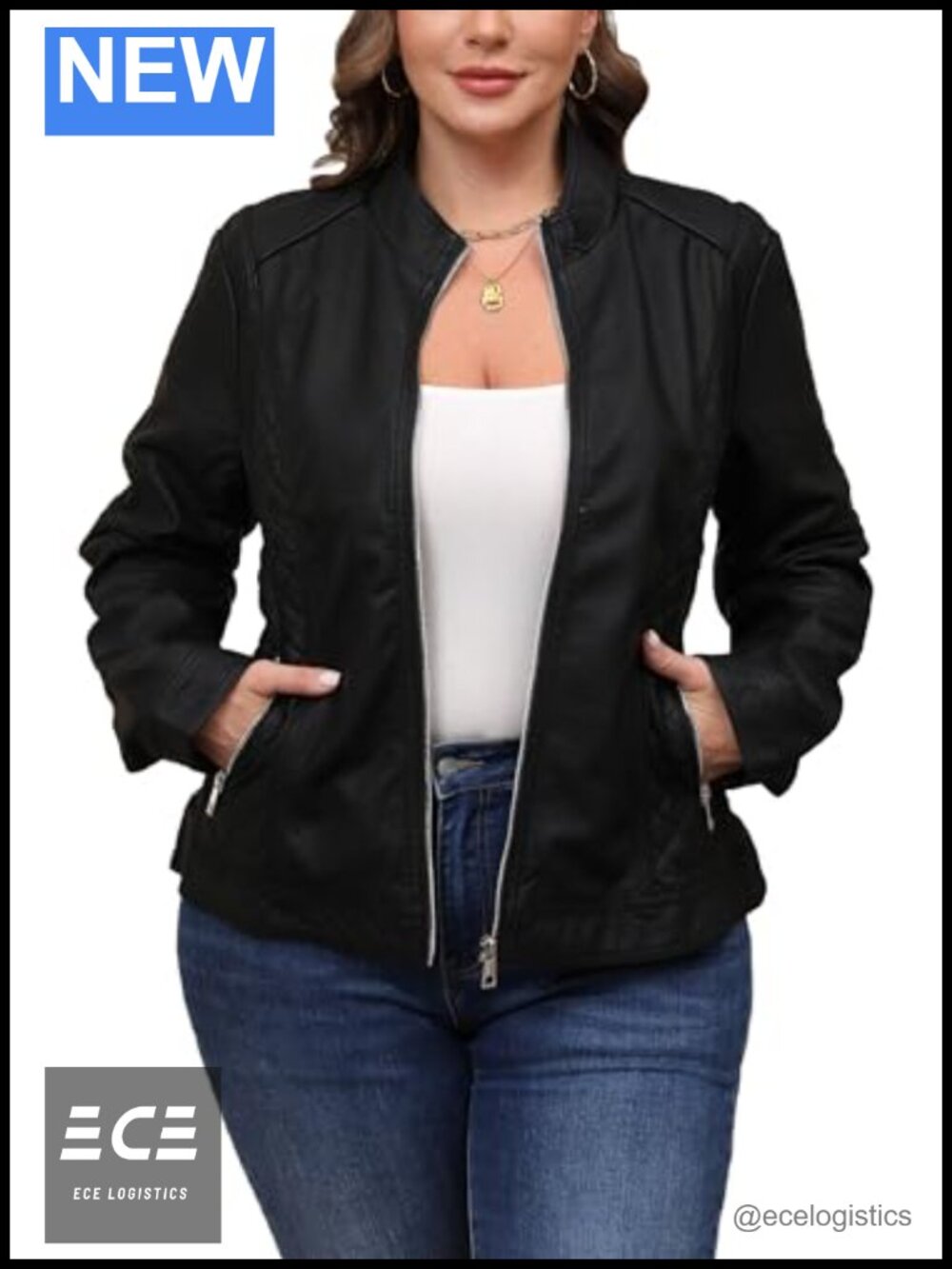 Faux Leather Moto Biker Jacket Stand Collar Zip Pockets Slim Fit